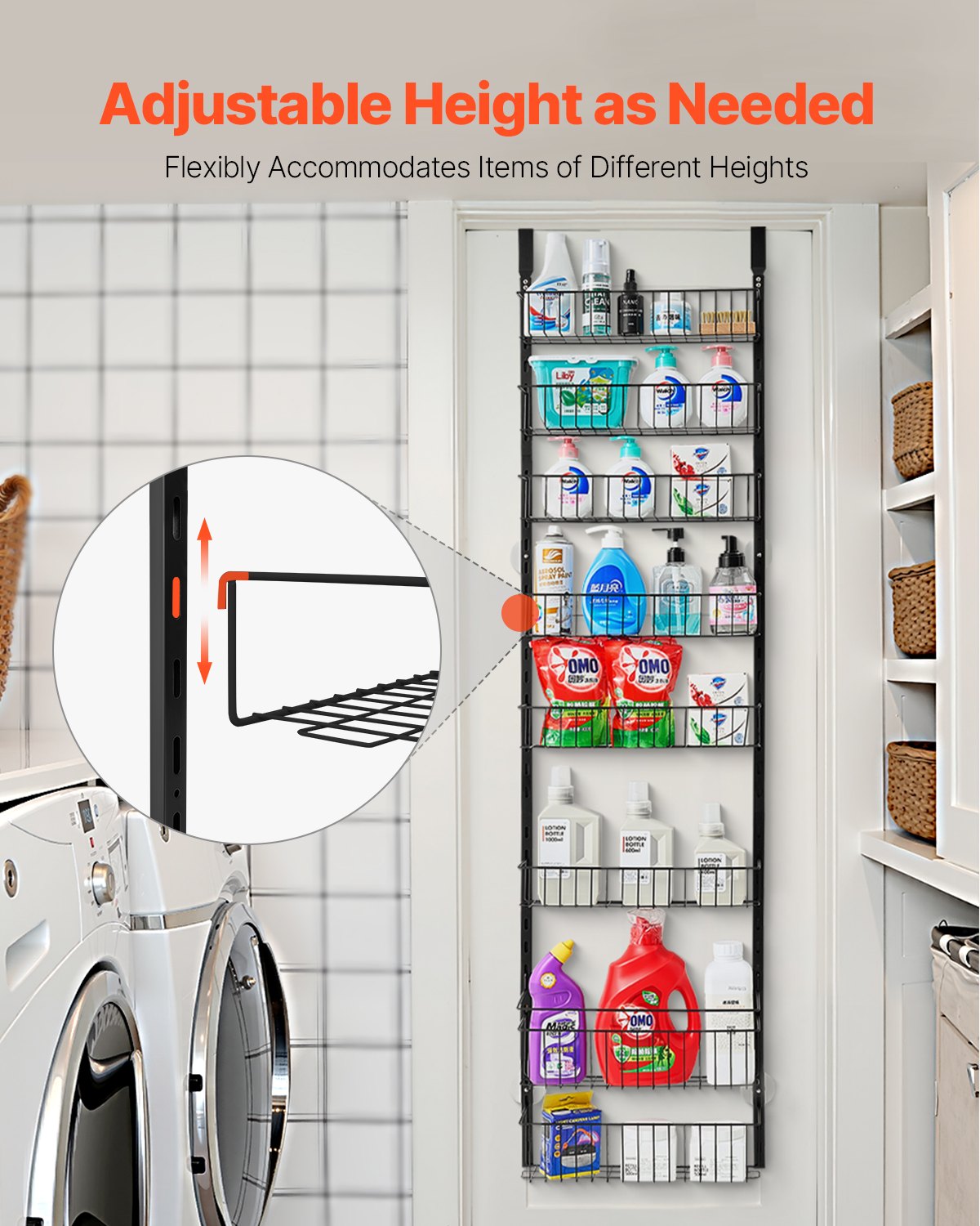 over-the-door pantry organizer with adjustable baskets showing 8 tiers storing spices, bottles, and cleaning supplies on laundry room door