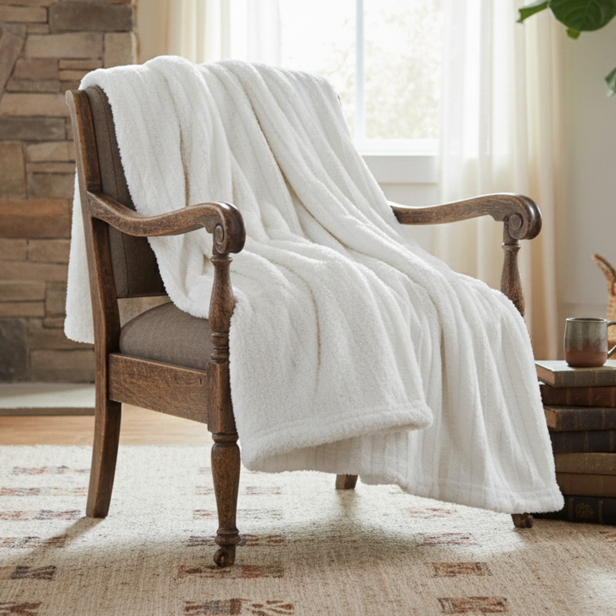 Faux Fur Sherpa Throw Blanket – White Ivory, 3 Sizes