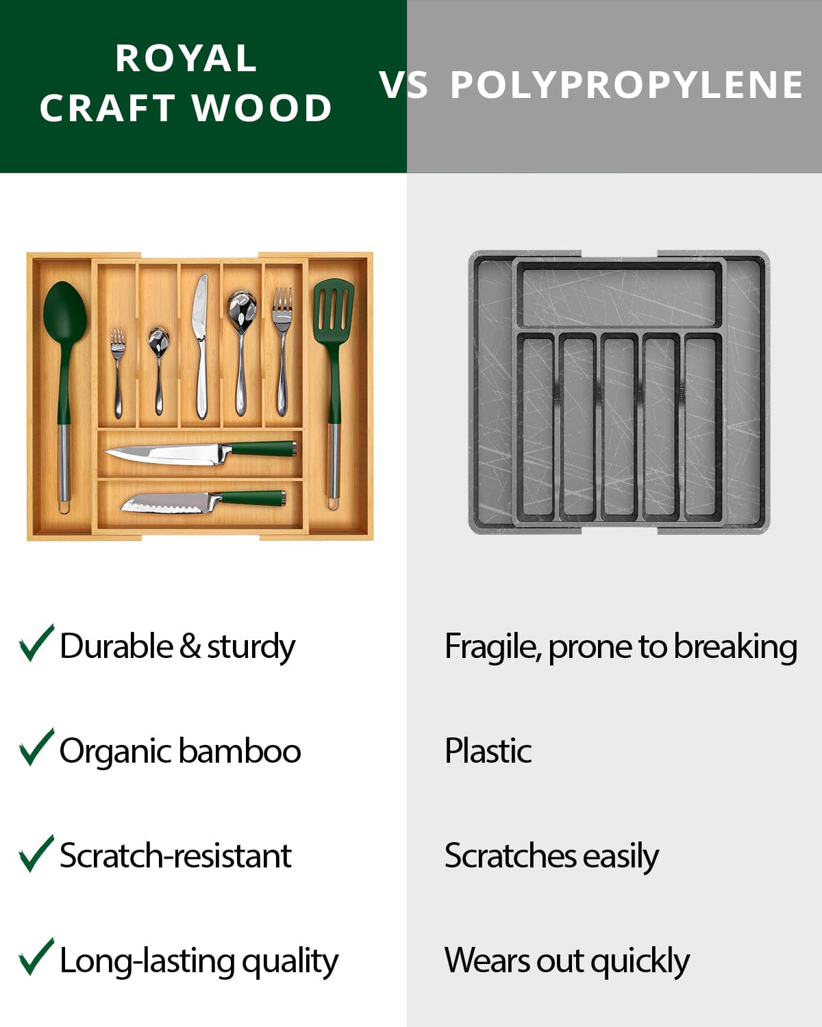 expandable bamboo drawer organizer comparison showing bamboo versus plastic durability
