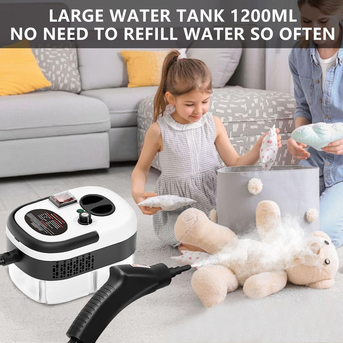 handheld pressurized steam cleaner with 1.2L tank cleaning toys and furniture in living room