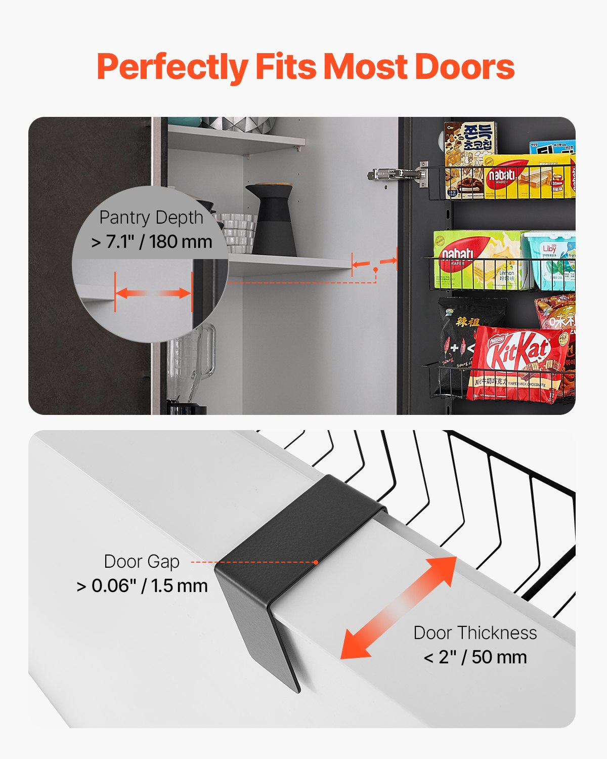 8-tier over-the-door pantry organizer with adjustable baskets showing fit dimensions and pantry door installation