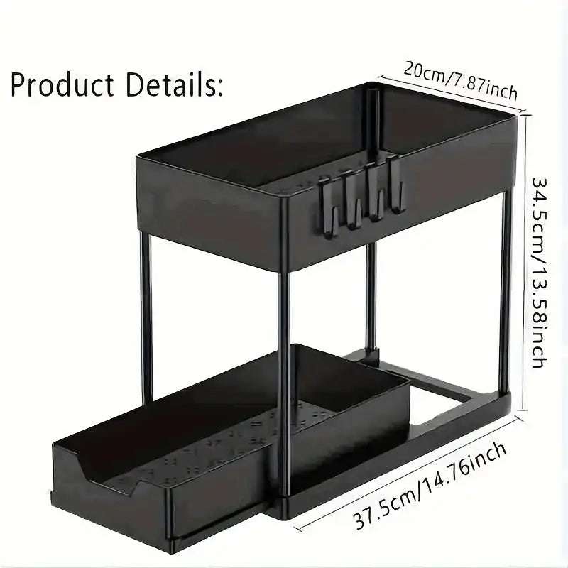 Pull-out under-sink storage rack for efficient organization and easy access to kitchen and bathroom supplies.