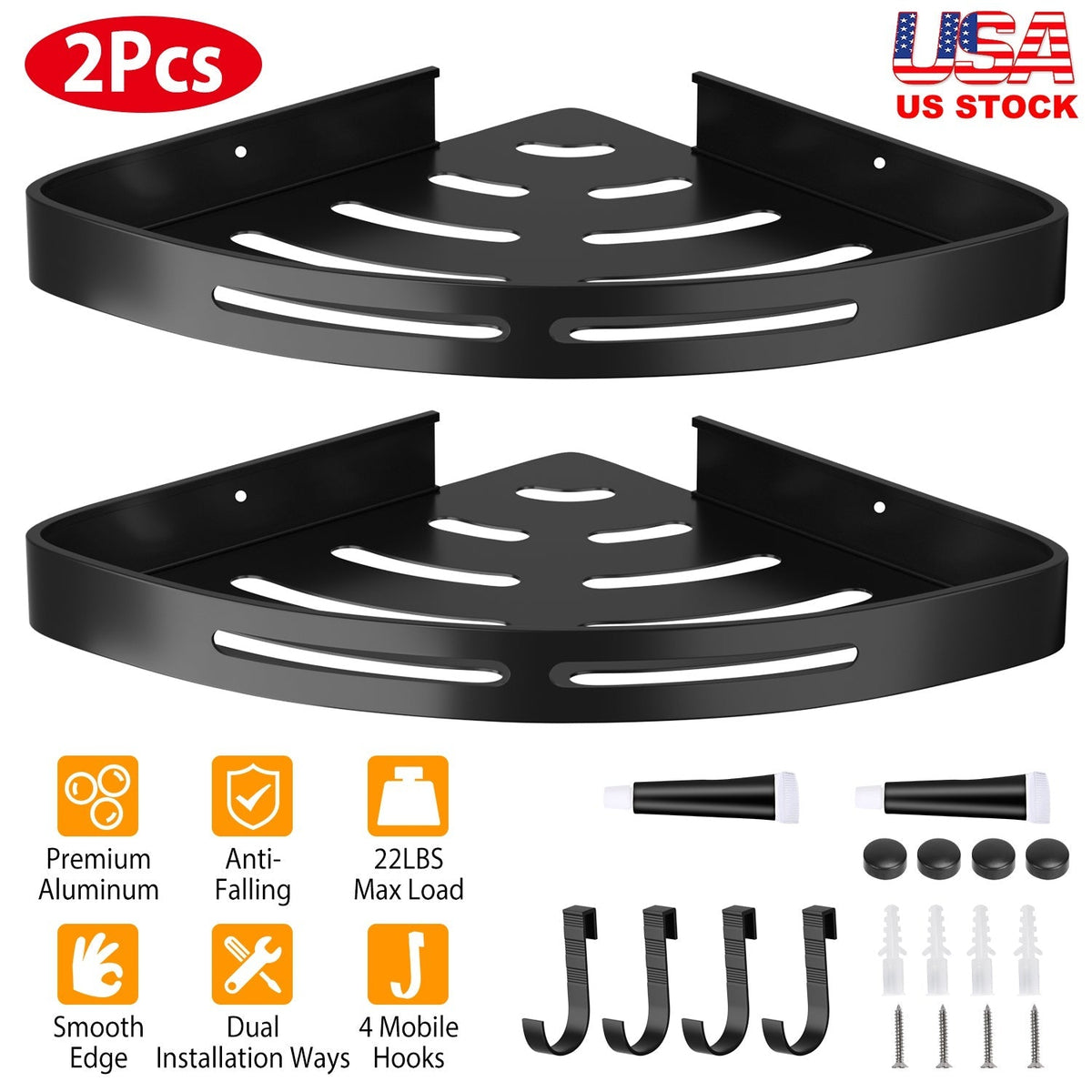 no-drill corner shower shelves 2-pack black aluminum with adhesive mounting and hardware