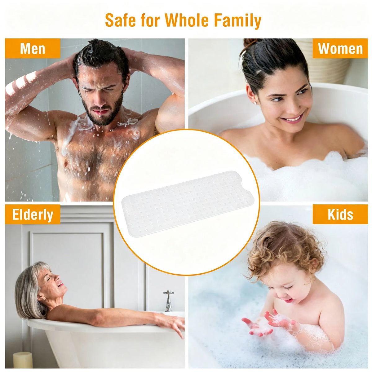 non-slip tub mat with suction cups for men, women, elderly, and kids bathroom safety