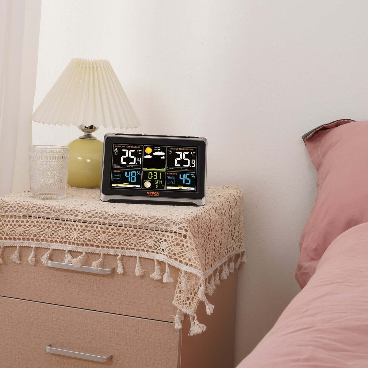 wireless weather station with outdoor sensor displaying indoor outdoor temperatures on 7.5 inch display