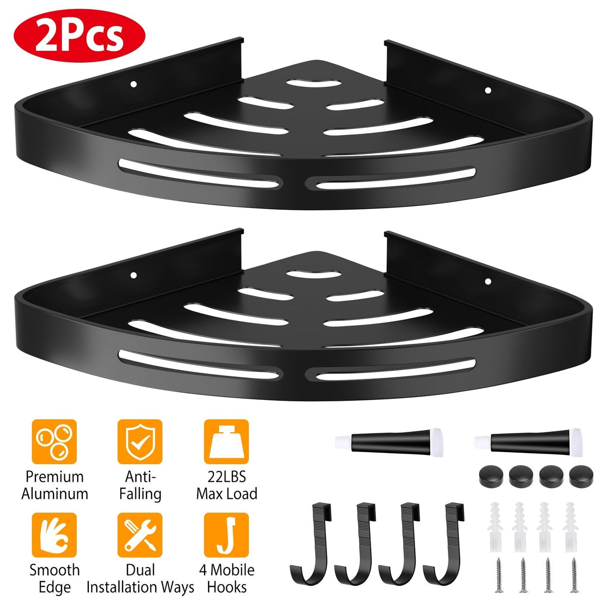 no-drill corner shower shelves 2-pack black aluminum with adhesive mounting