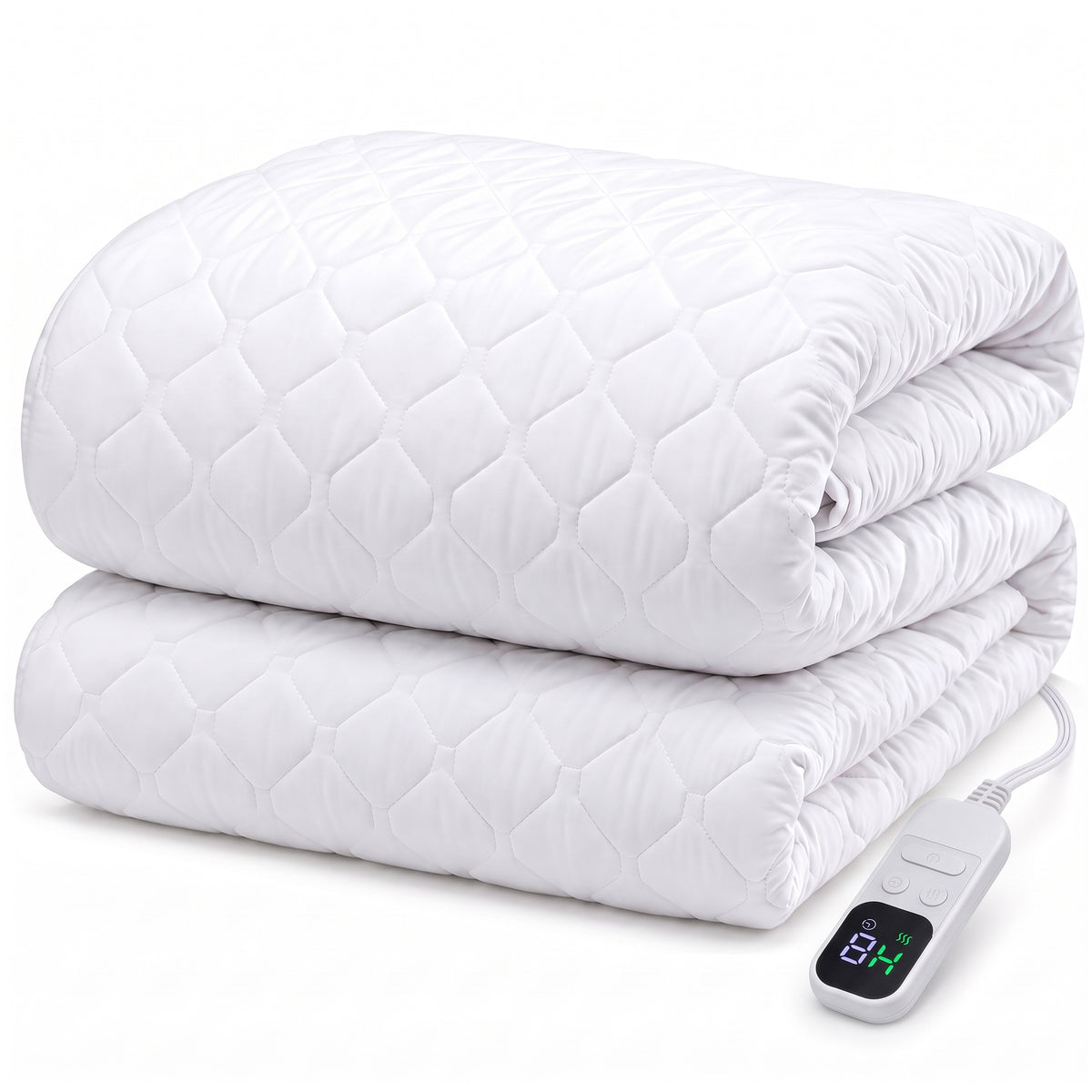 Twin heated mattress pad with auto shut-off in white quilted polyester with adjustable heat controller