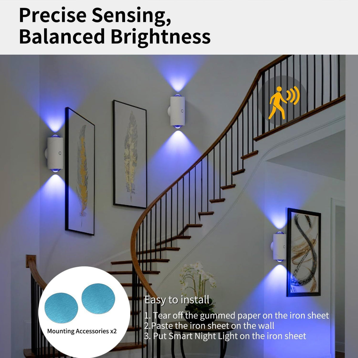 rechargeable motion sensor night light with magnetic LED displaying warm and color modes on stairwell