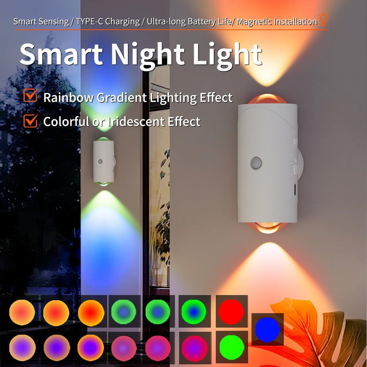 rechargeable motion sensor night light with magnetic base, warm and color modes
