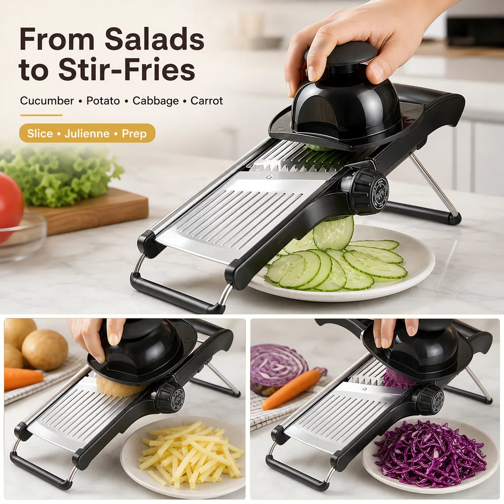 adjustable mandoline slicer with food holder slicing cucumbers, carrots, and creating julienne cuts for salads and meal prep
