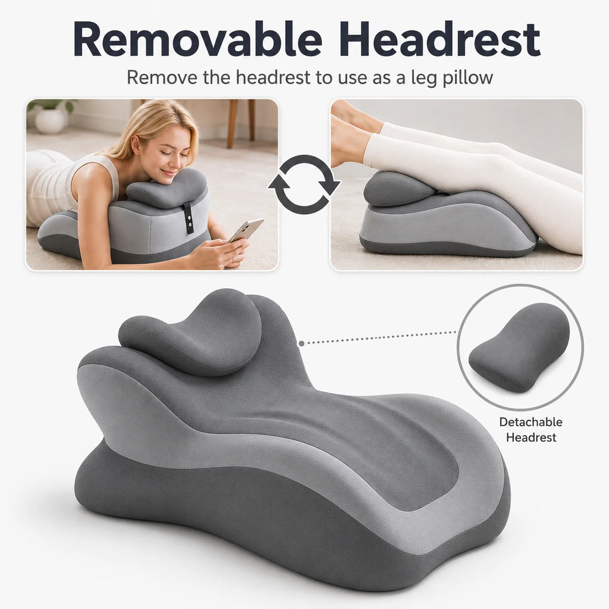 Memory foam reading pillow with arm support featuring removable headrest that converts to leg pillow for versatile comfort