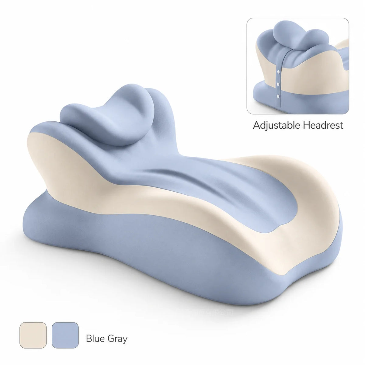 Blue and white memory foam reading pillow with arm support, butterfly-shaped design with adjustable headrest