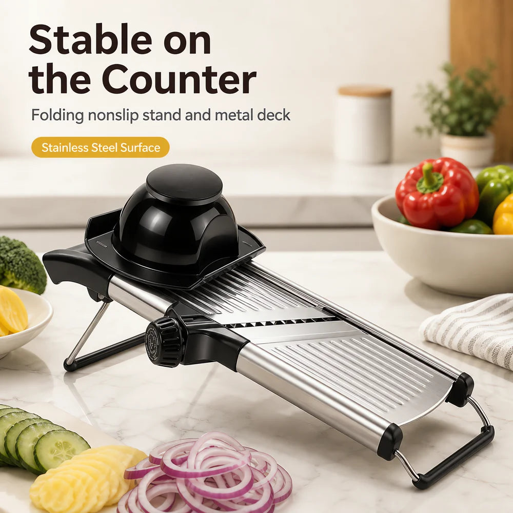 adjustable mandoline slicer with food holder on counter with sliced vegetables