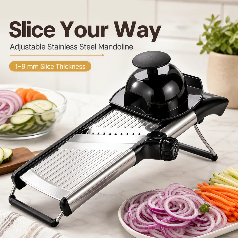 adjustable mandoline slicer with food holder displaying thin vegetable slices with adjustable thickness settings from 1-9mm