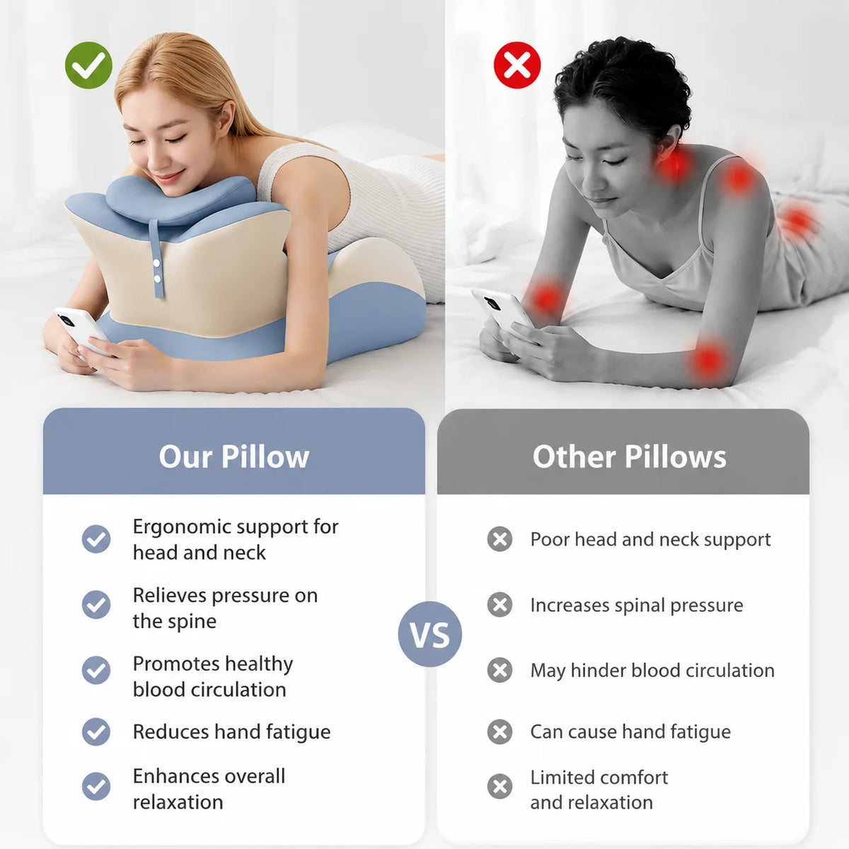 memory foam reading pillow with arm support comparison showing ergonomic butterfly design providing head and neck support for comfortable reading and relaxation
