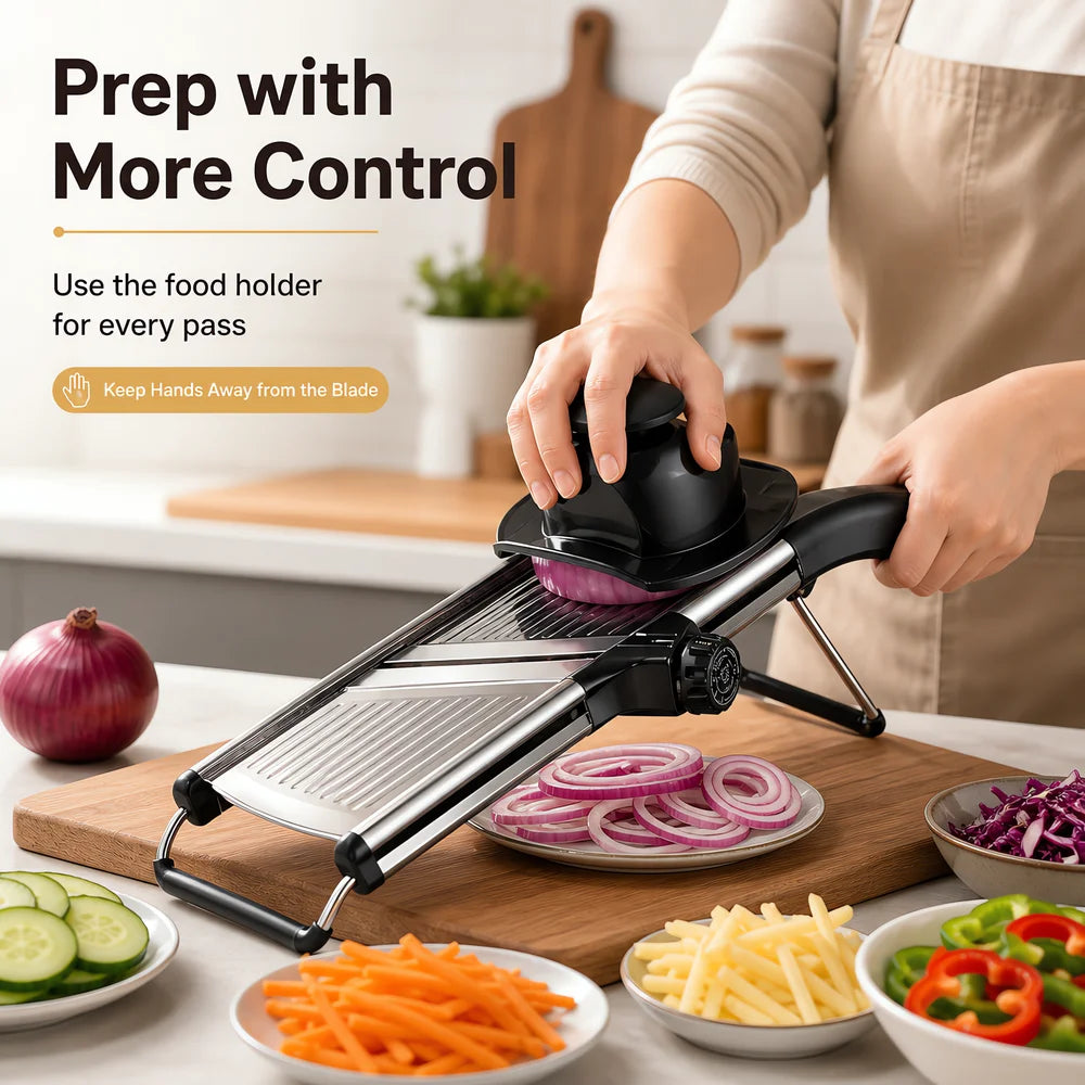adjustable mandoline slicer with food holder being used to safely slice red onion with food holder keeping hands away from blade
