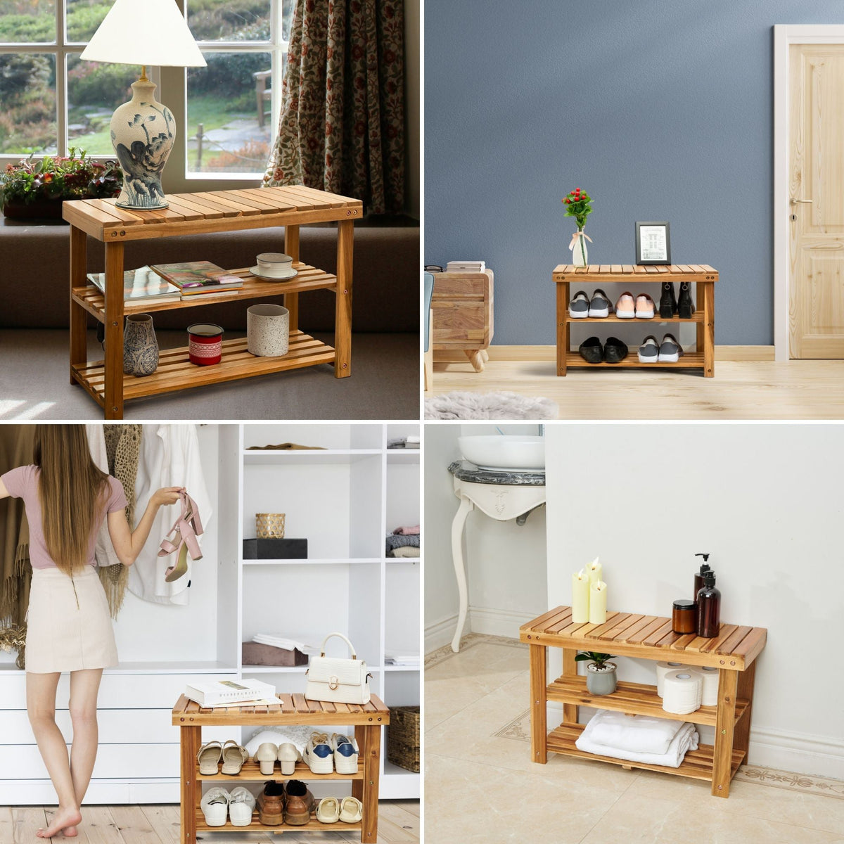 Acacia Wood Shoe Rack Bench – 2-Tier Entryway Storage