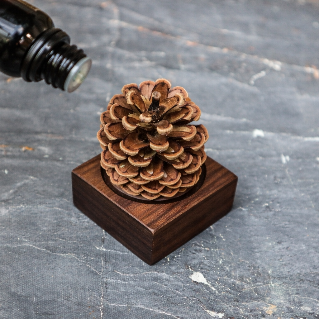Uncommon wooden essential oil diffuser with pinecone on walnut base, oil dropper adding scent
