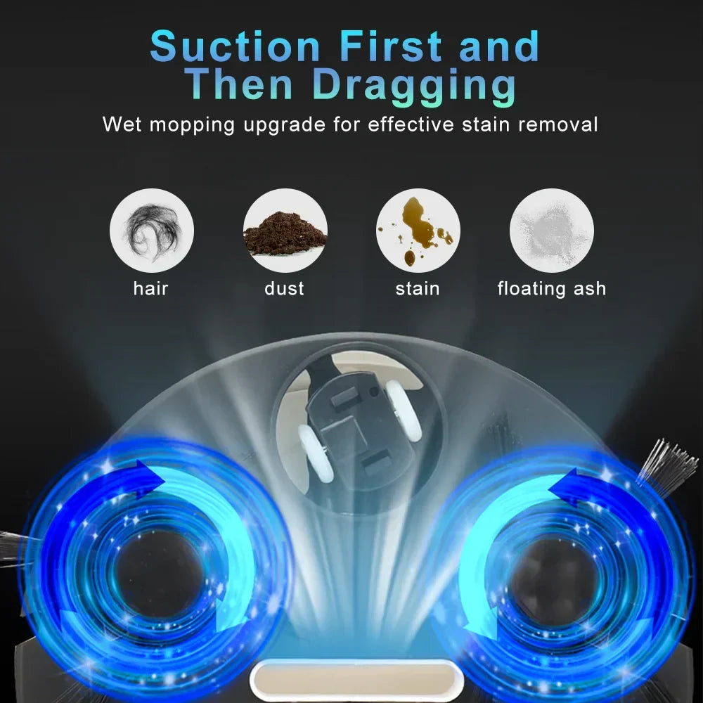 3-in-1 robot vacuum cleaner with suction and mopping functions, effectively removing hair, dust, stains, and ash from floors.