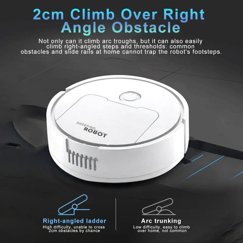 3-in-1 robot vacuum cleaner removes dirt and debris while easily climbing over right angle obstacles for efficient cleaning.