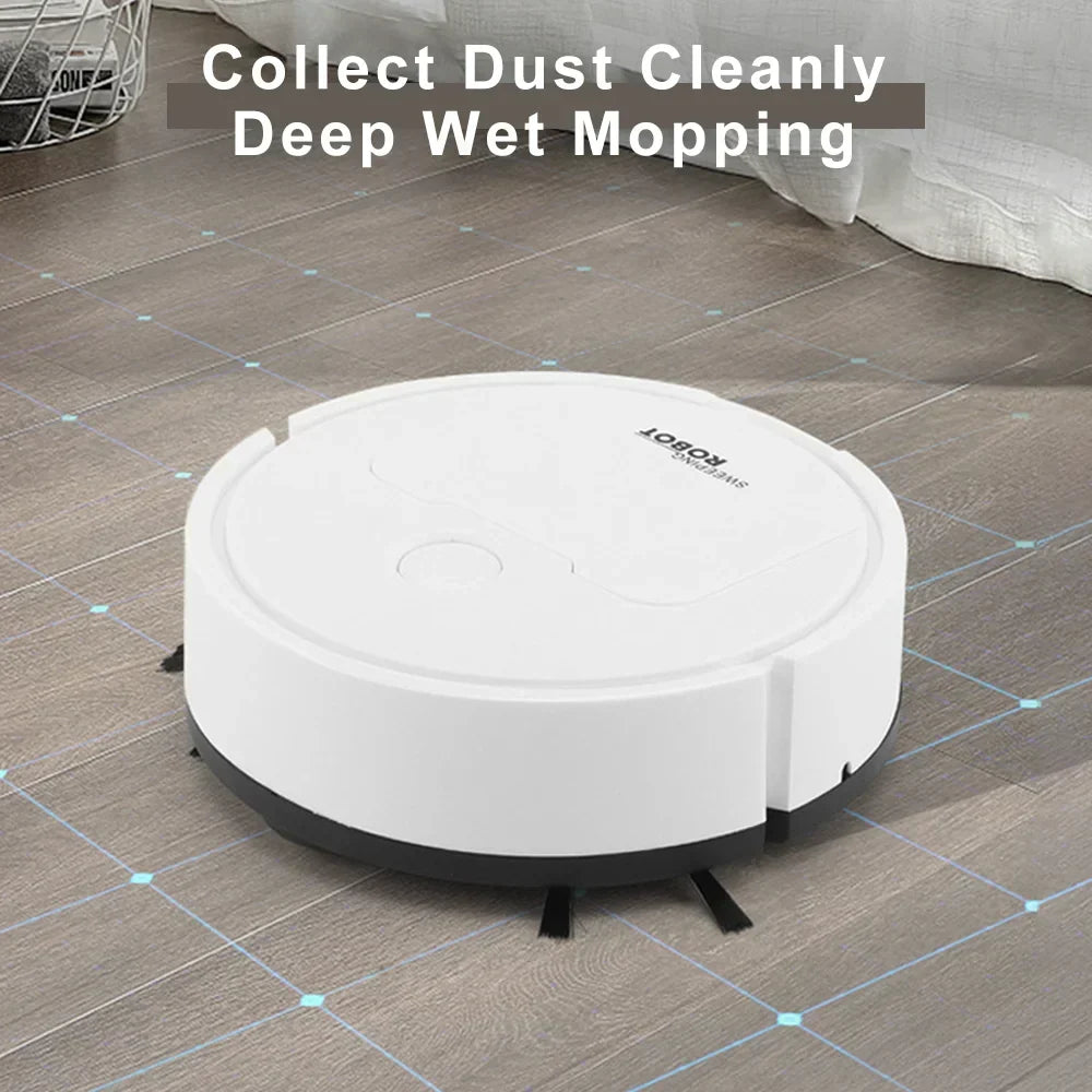 3-in-1 robot vacuum cleaner for efficient sweeping, vacuuming, and mopping on various floor surfaces.