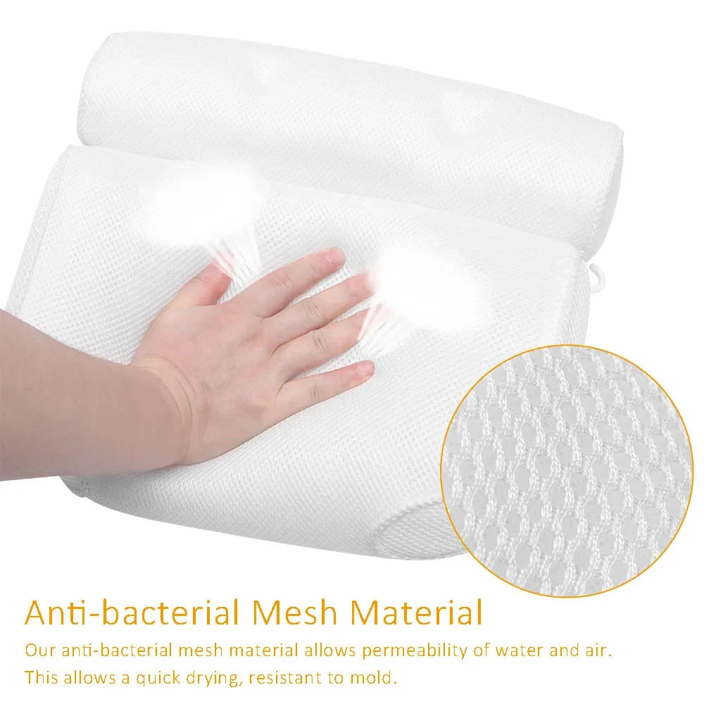 3D mesh spa bath pillow with back support showing white quick-drying material and anti-bacterial texture