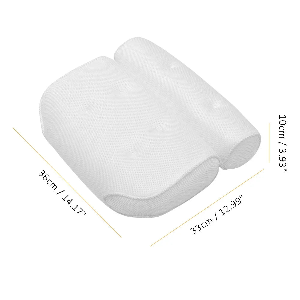 3D mesh spa bath pillow with back support showing neck roll and padded back section with dimensions