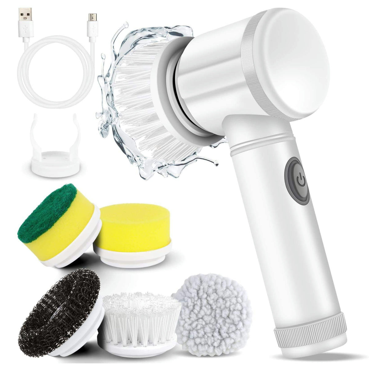 Cordless electric spin scrubber with five interchangeable brush heads and USB charging cable for convenient cleaning