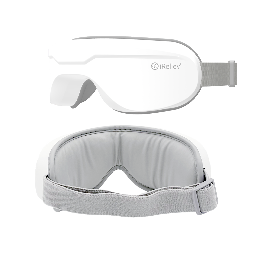 Relaxable eye massager, front and back views