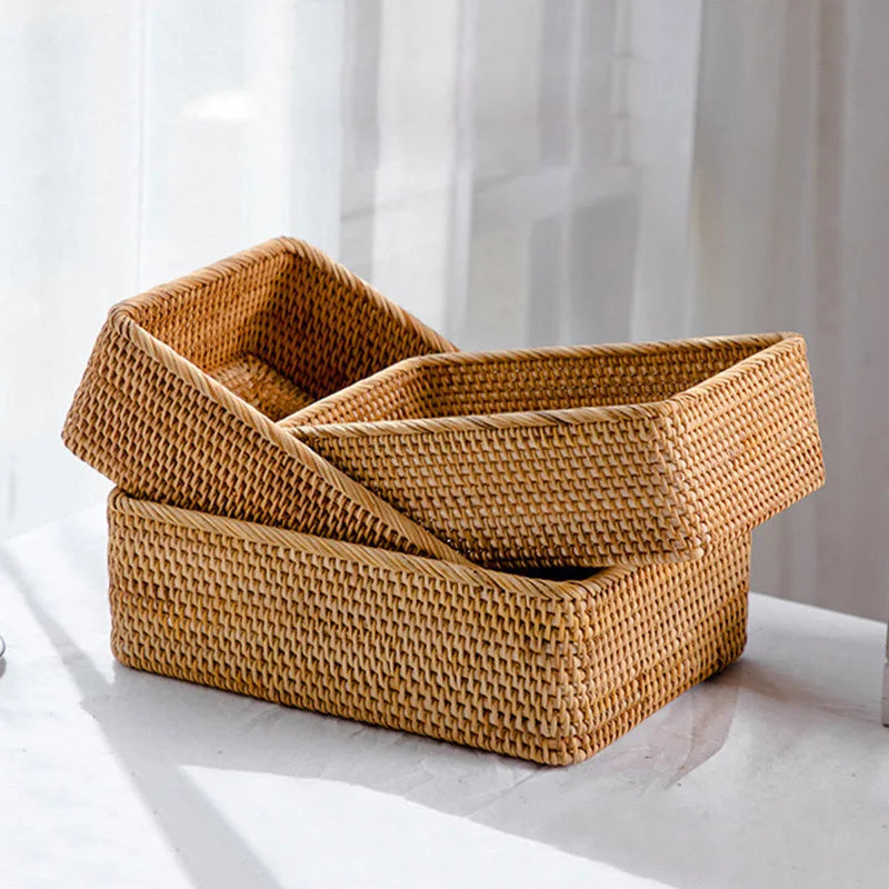 Handwoven Basket Organizer Wicker Basket Rectangular Rattan Basket Storage Tray Bread Fruit Picnic Basket Cosmetic Storage Box