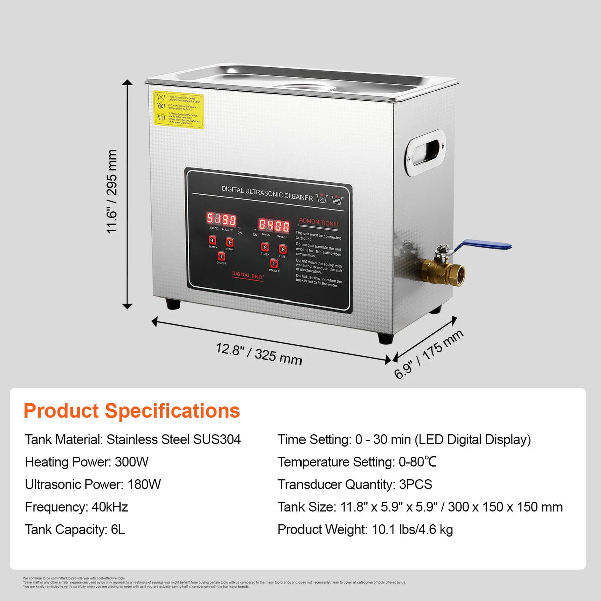 Digital ultrasonic cleaner for jewelry in stainless steel with 6L tank, digital controls, and heated water settings