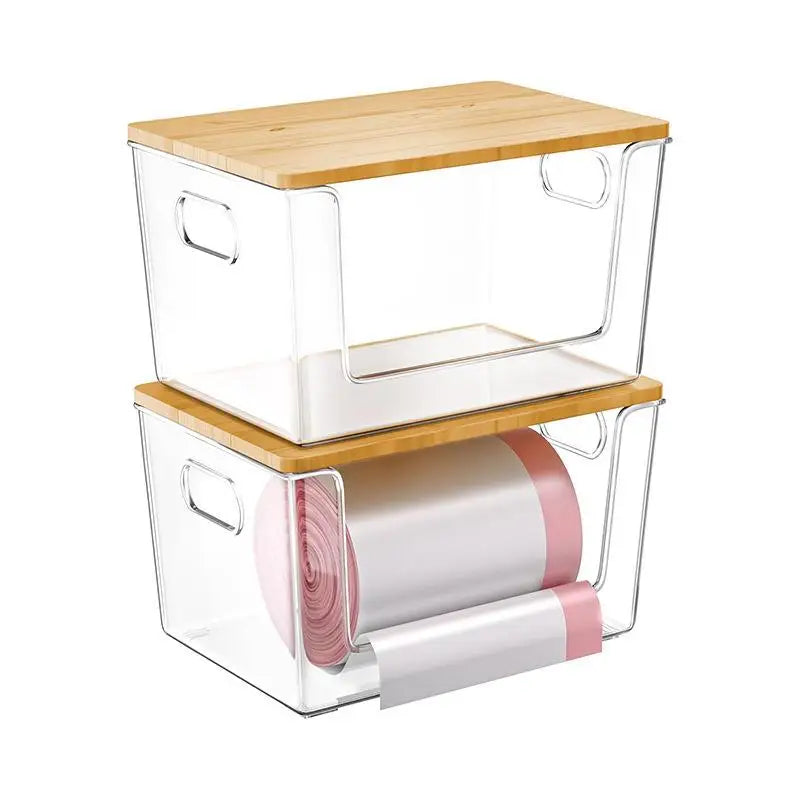Stackable Pantry Organizers With Wooden Lids Kitchen Storage Clear Bins Under Sink Organizer For Onion Potato Fruit Vegetables