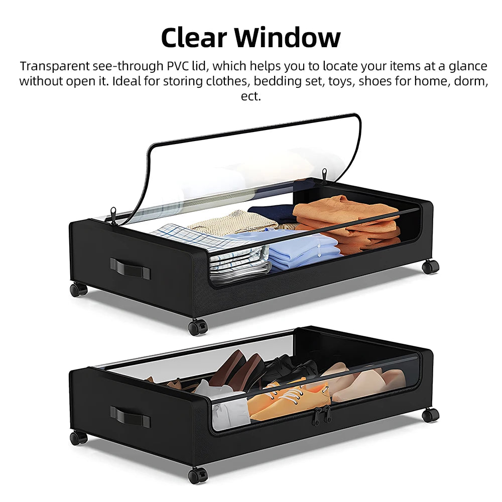 Under-Bed Storage Bins with Lid, Wheels & Clear Window | Grey & Black