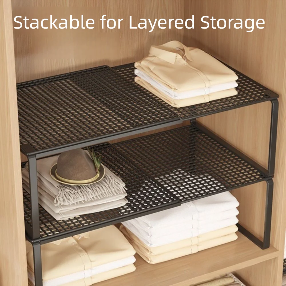 Adjustable Expandable Closet Shelf | Stackable Wardrobe Divider & Cabinet Organizer | Black & White
