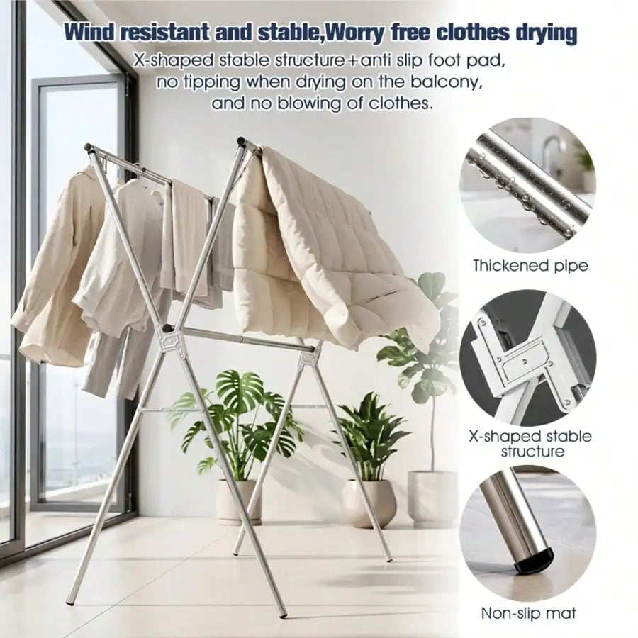 foldable stainless steel drying rack with clothes hanging indoors, featuring wind-resistant design and adjustable height