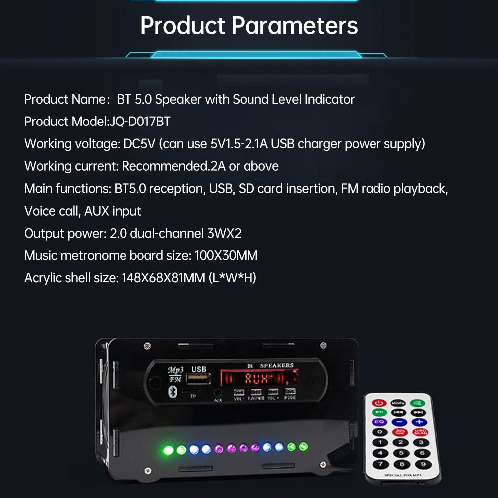 Bluetooth 5.0 Speaker DIY Kit – FM Radio, 12-LED Level Indicator, USB/SD Playback, Remote Control