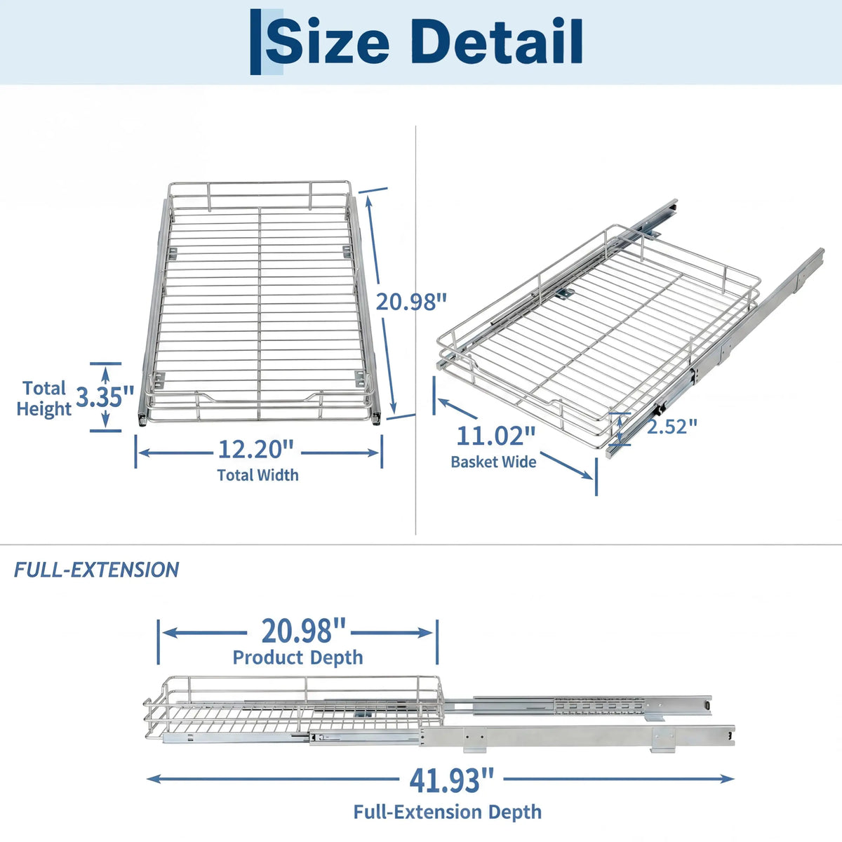 pull-out cabinet organizer size detail showing 12 inch width, 21 inch depth, and full-extension slide measurement