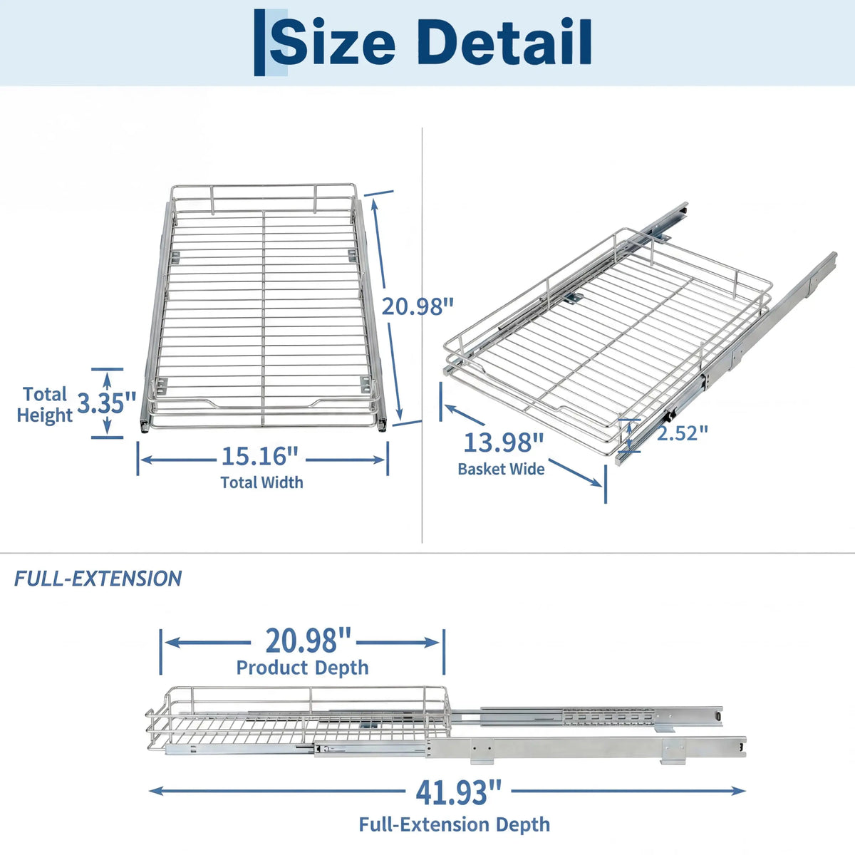 pull-out cabinet organizer size details showing 15 inch width, 21 inch depth, and full-extension slide measurements