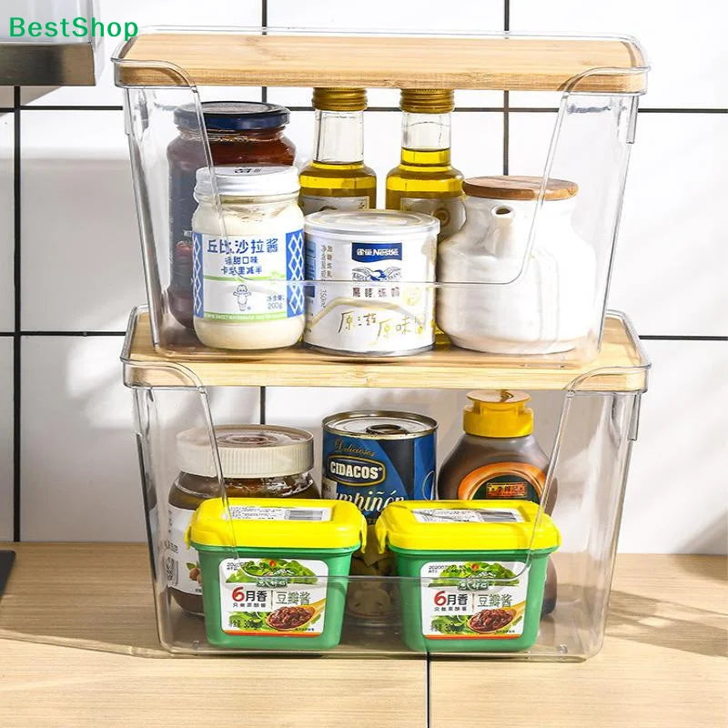 Stackable Pantry Organizers With Wooden Lids Kitchen Storage Clear Bins Under Sink Organizer For Onion Potato Fruit Vegetables