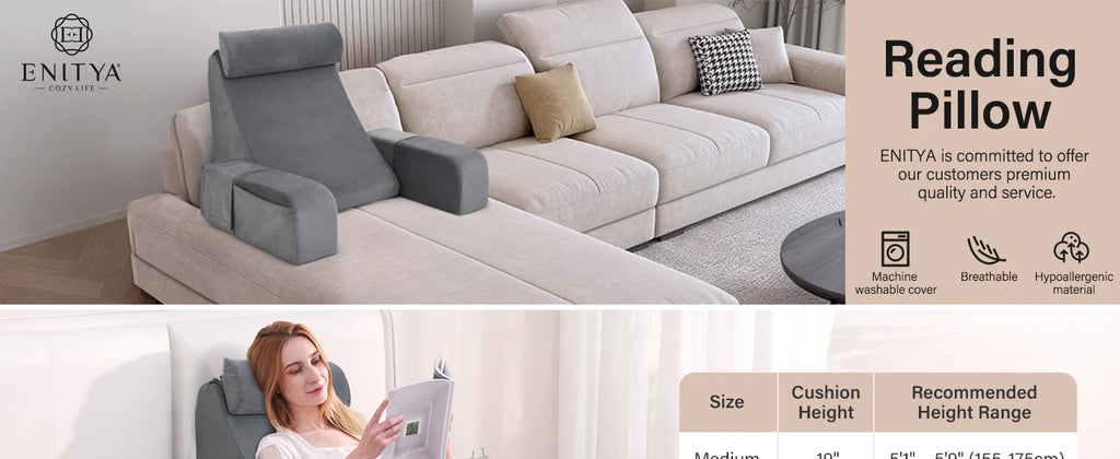 Reading Pillow with Armrests & Pockets – 45° Back Support Pillow for Bed