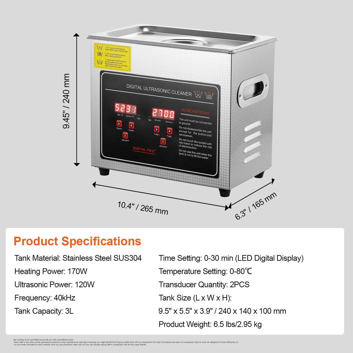 Digital ultrasonic cleaner for jewelry in stainless steel with 3L tank, digital display, and heated function for eyeglasses and small items