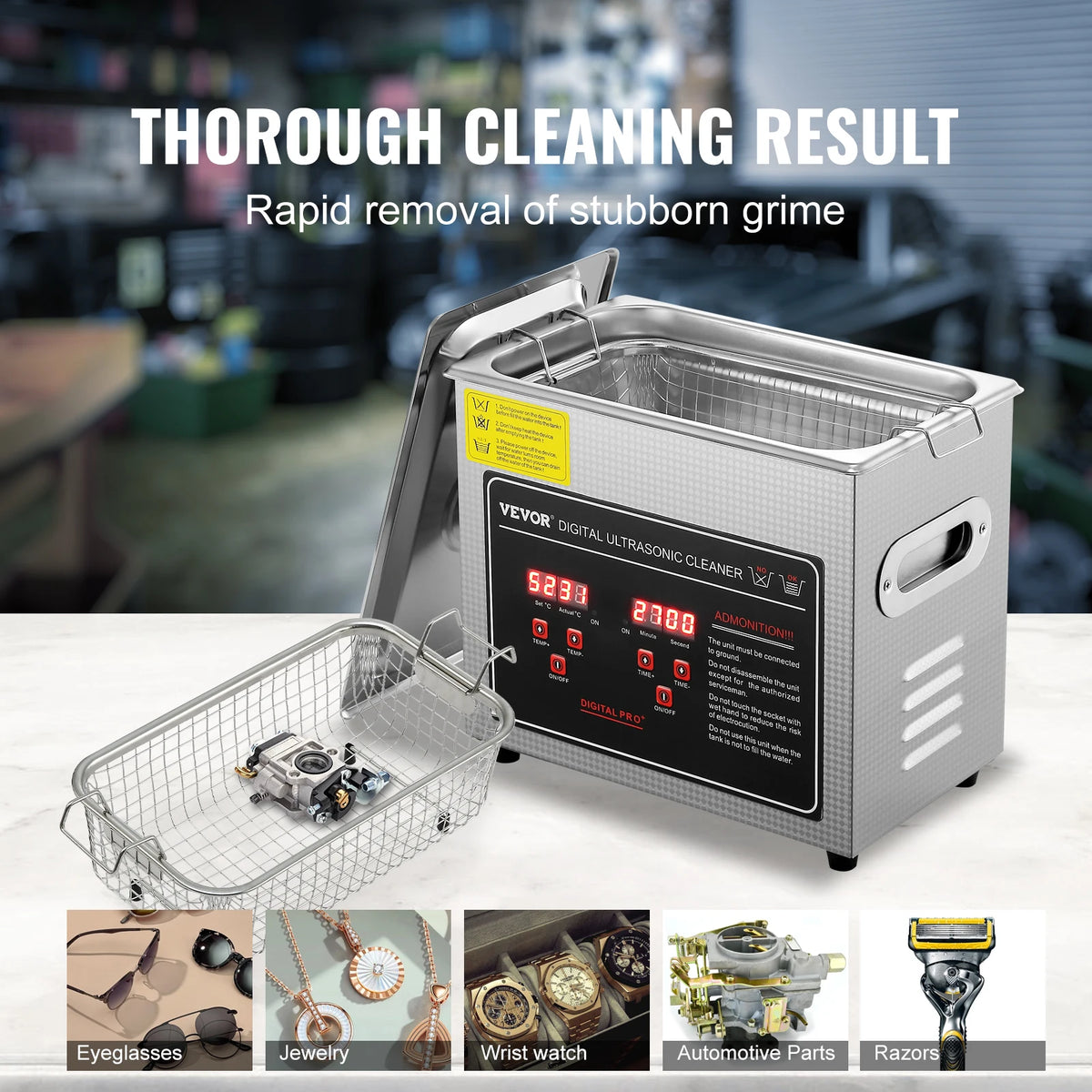 digital ultrasonic cleaner for jewelry showing thorough cleaning results with stainless steel tank and digital controls removing stubborn grime