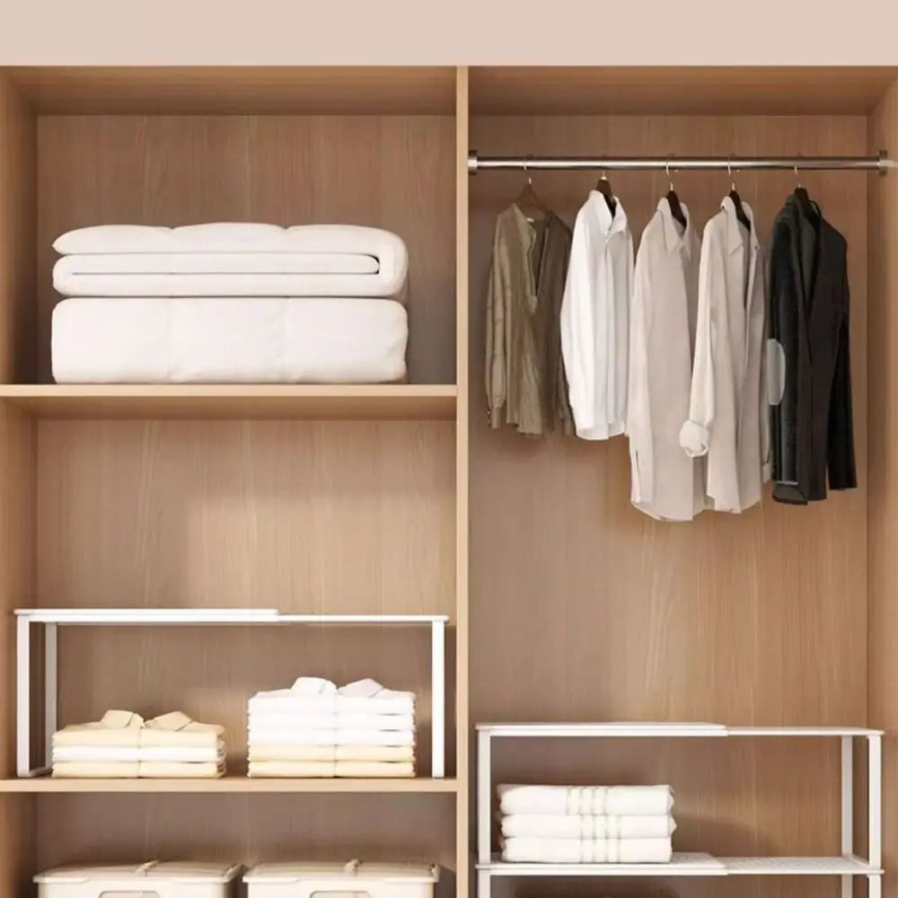 Adjustable Expandable Closet Shelf | Stackable Wardrobe Divider & Cabinet Organizer | Black & White