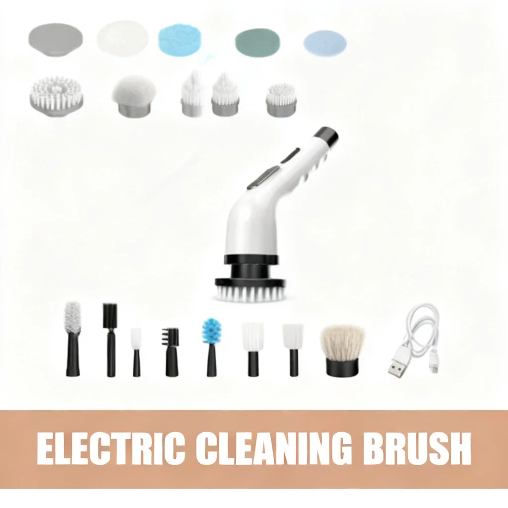 cordless spin scrubber with extendable handle and multiple interchangeable brush heads for versatile cleaning