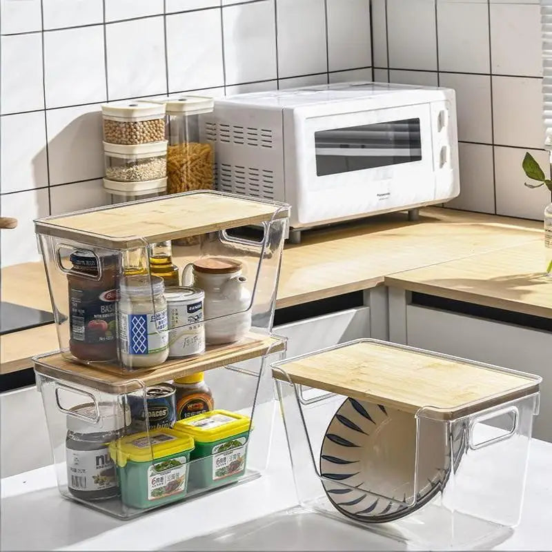 Stackable Pantry Organizers With Wooden Lids Kitchen Storage Clear Bins Under Sink Organizer For Onion Potato Fruit Vegetables
