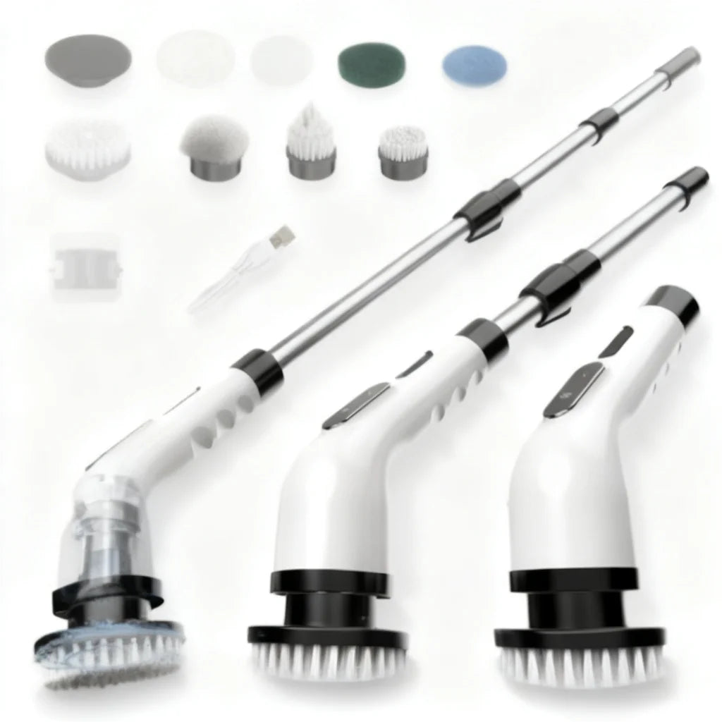 cordless spin scrubber with extendable handle showing interchangeable brush heads and telescoping stainless steel shaft for reaching tight corners and grout lines
