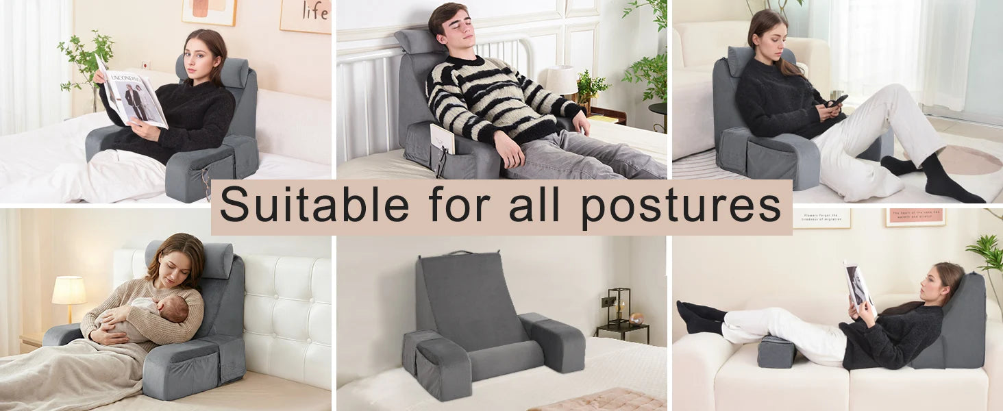 Reading Pillow with Armrests & Pockets – 45° Back Support Pillow for Bed
