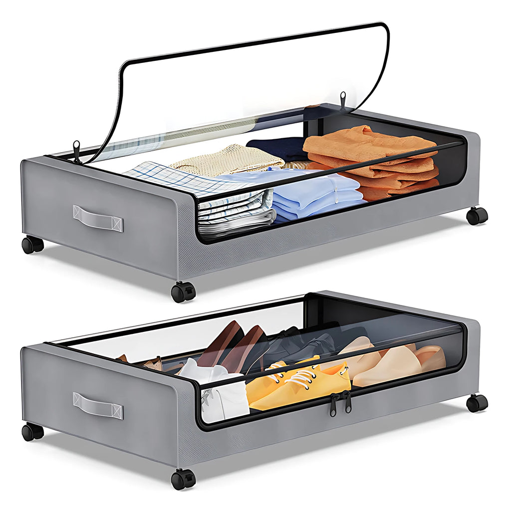 Under-Bed Storage Bins with Lid, Wheels & Clear Window | Grey & Black