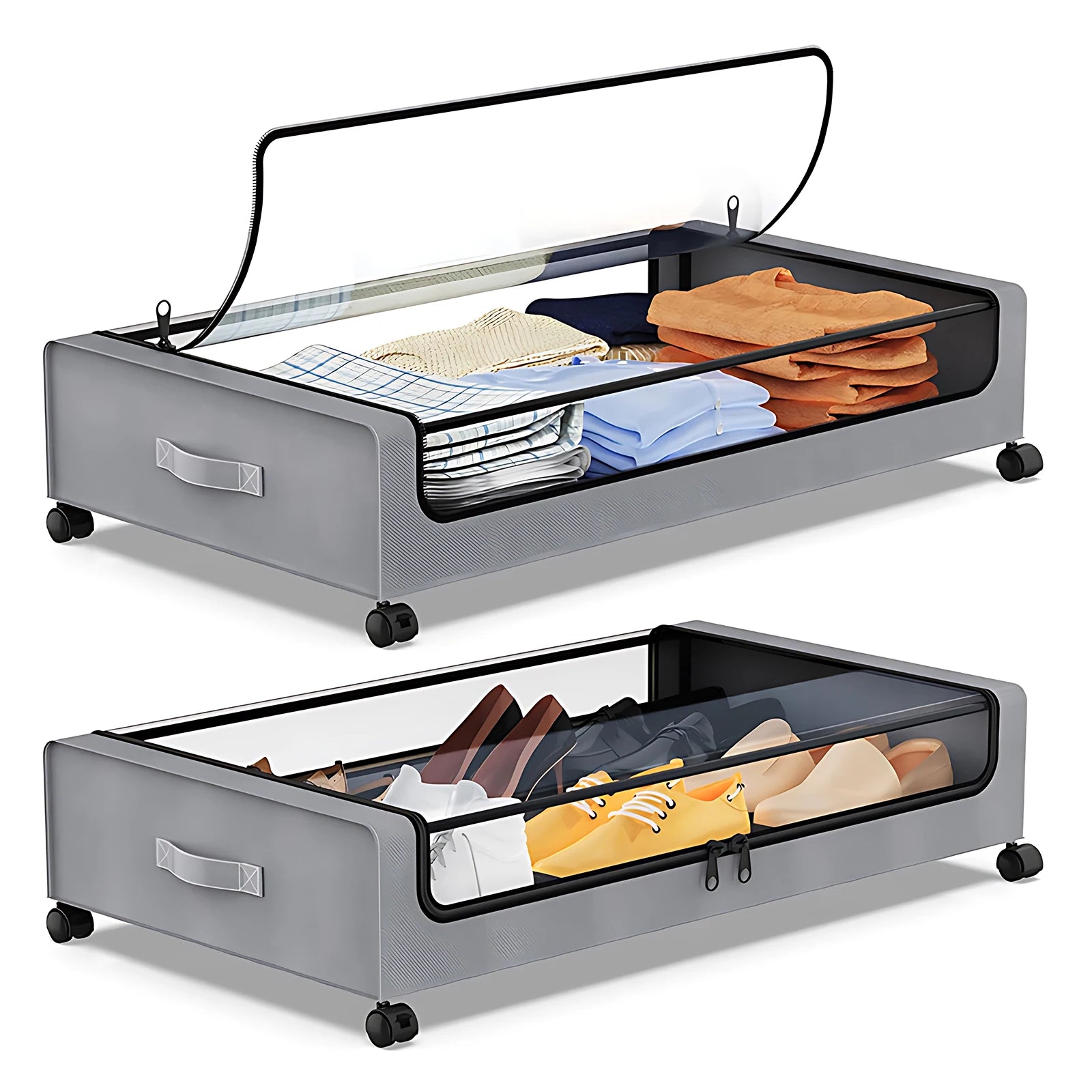 Under-Bed Storage Bins with Lid, Wheels & Clear Window | Grey & Black