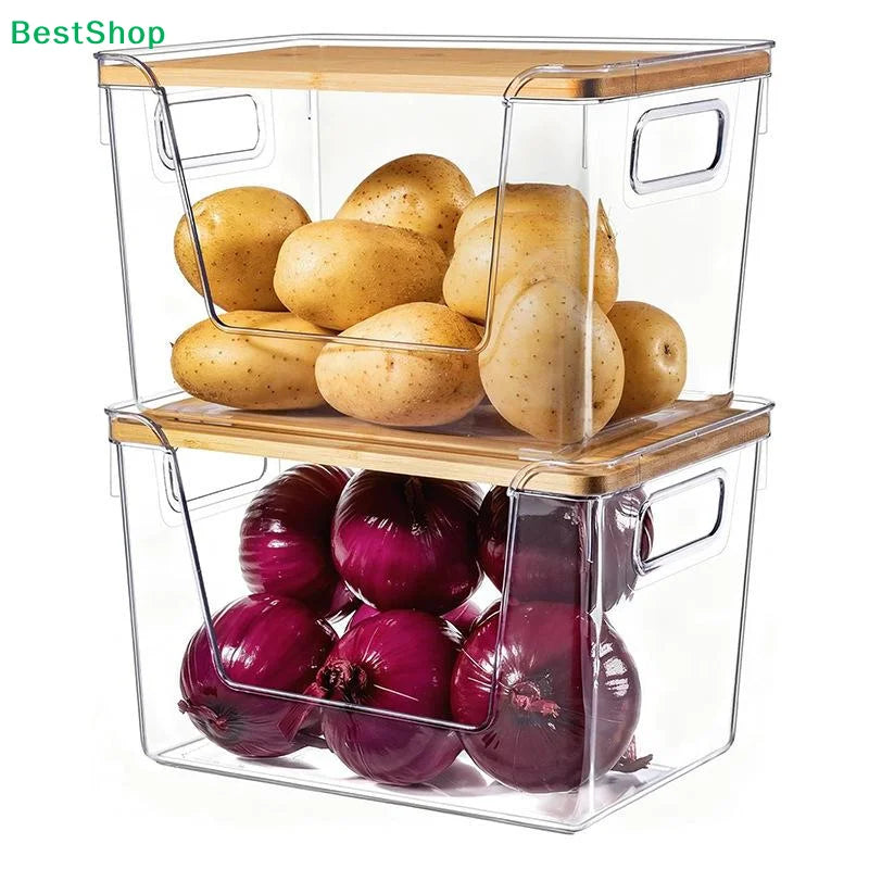 Stackable Pantry Organizers With Wooden Lids Kitchen Storage Clear Bins Under Sink Organizer For Onion Potato Fruit Vegetables